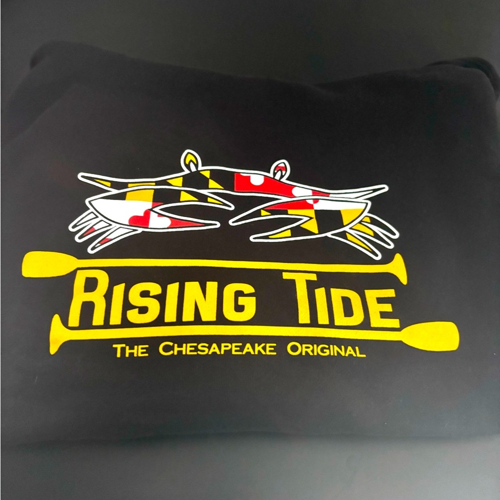 Rising Tide black hoodie with Maryland crab, Small